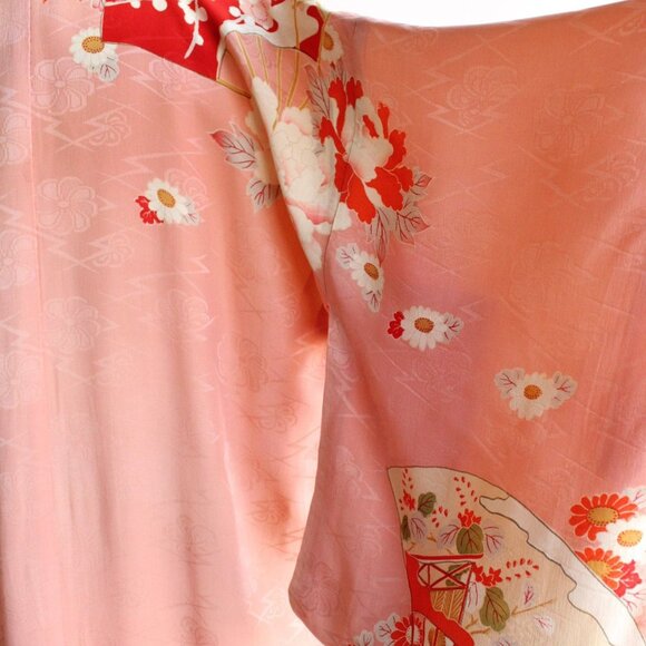 Vintage Kimono Robe with Obi, Silk Japanese Chu Furisode Pink with Flowers - Picture 6 of 10